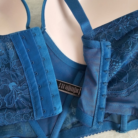 Victoria Secret Teal Lace Corset Bustier Push-Up Bra 38DD Very Sexy Shine Strap - Picture 10 of 14